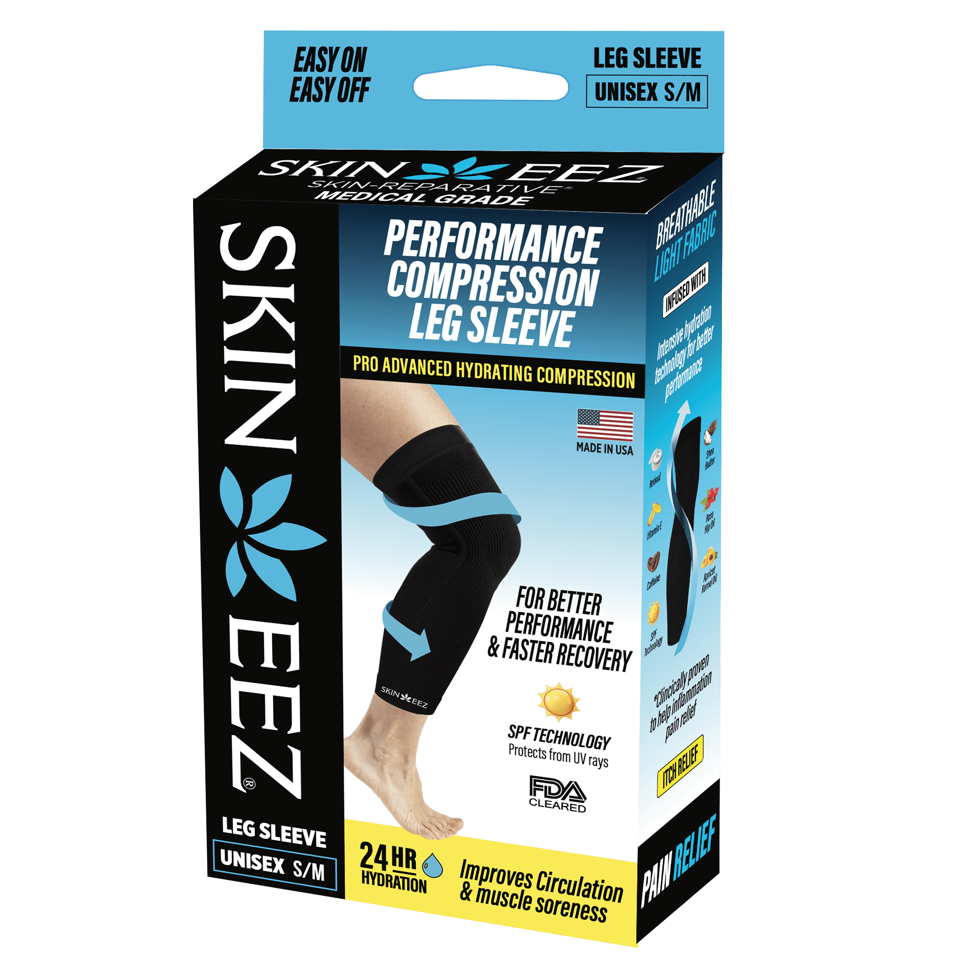 Skineez Hydrating Moderate Compression Leg Sleeve, Size S/M, Black