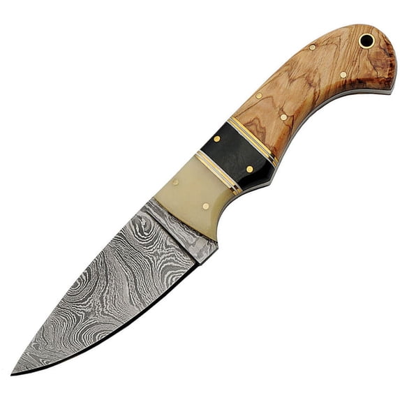 SANZ 8-Inch Fixed Blade Knife with Damascus Steel Blade, Bone/Wood Handle, and Leather Sheath