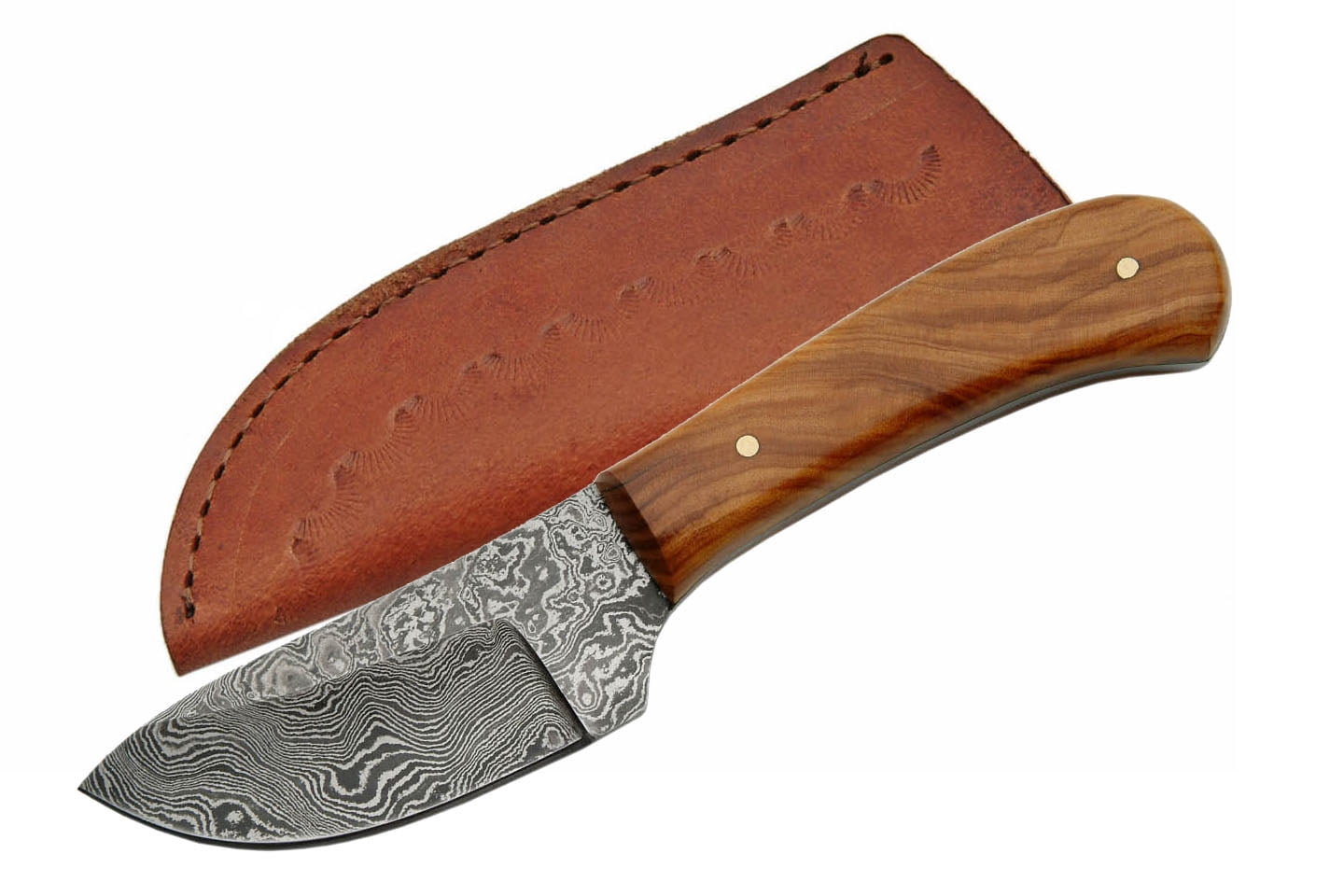 SANZ 6" Short Olive Skinner Hunting Knife Damascus Steel Blade Olive Wood Handle with Leather Sheath Pocket Knife for Camping, Hunting & Outdoor