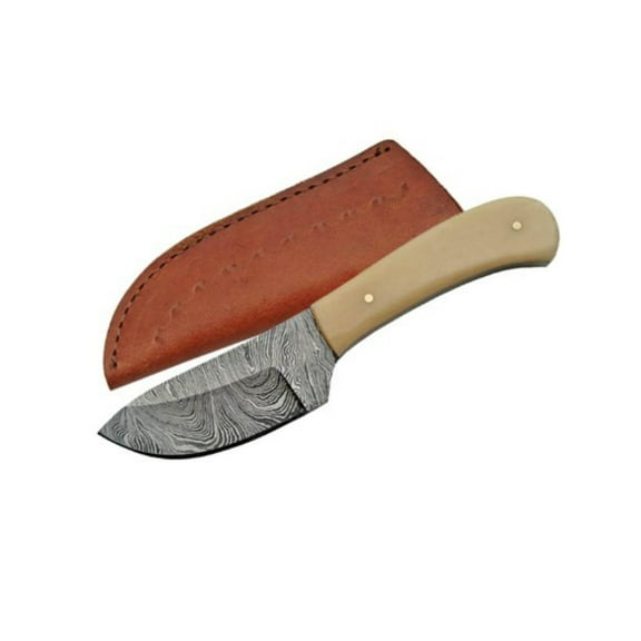 SANZ 6" Compact Skinner Utility Knife with Damascus-Style Blade, Bone Handle & Leather Sheath