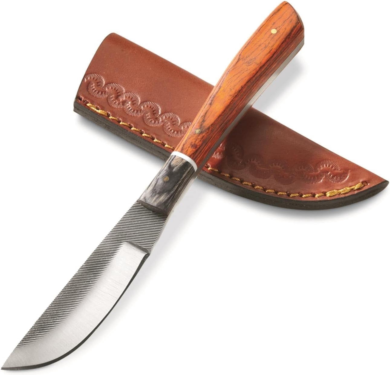 SZCO 8.5-Inch File Steel Skinner Knife Carbon Steel Fixed Blade with Long-Profile Pakkawood Handle and Hand-Stitched Leather Sheath