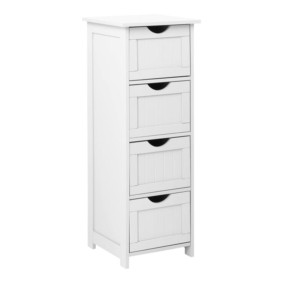 Skinny Bathroom Floor Storage Cabinet,White 12 Inch Wide Deep Small Storage Organizer with 4 Drawers, Wooden Modern Thin Free Standing Tower Cabinet w/ 4 Cute Drawers for Bathroom, Living Room