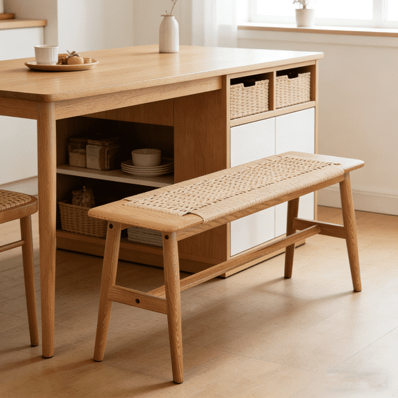 Skinny Bench,11.8"D x 47.2"W x 15.98"H Enterway Bench,Hand Woven Rope Surface Design,Indoor Bench for Bed Ends, Entryway,Dining Room(Solid Oak+Natural Rattan)
