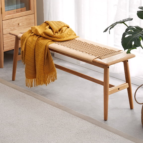 Skinny Bench,11.8"D x 47.2"W x 15.98"H Enterway Bench,Hand Woven Rope Surface Design,Indoor Bench for Bed Ends, Entryway,Dining Room(Solid Oak+Natural Rattan)