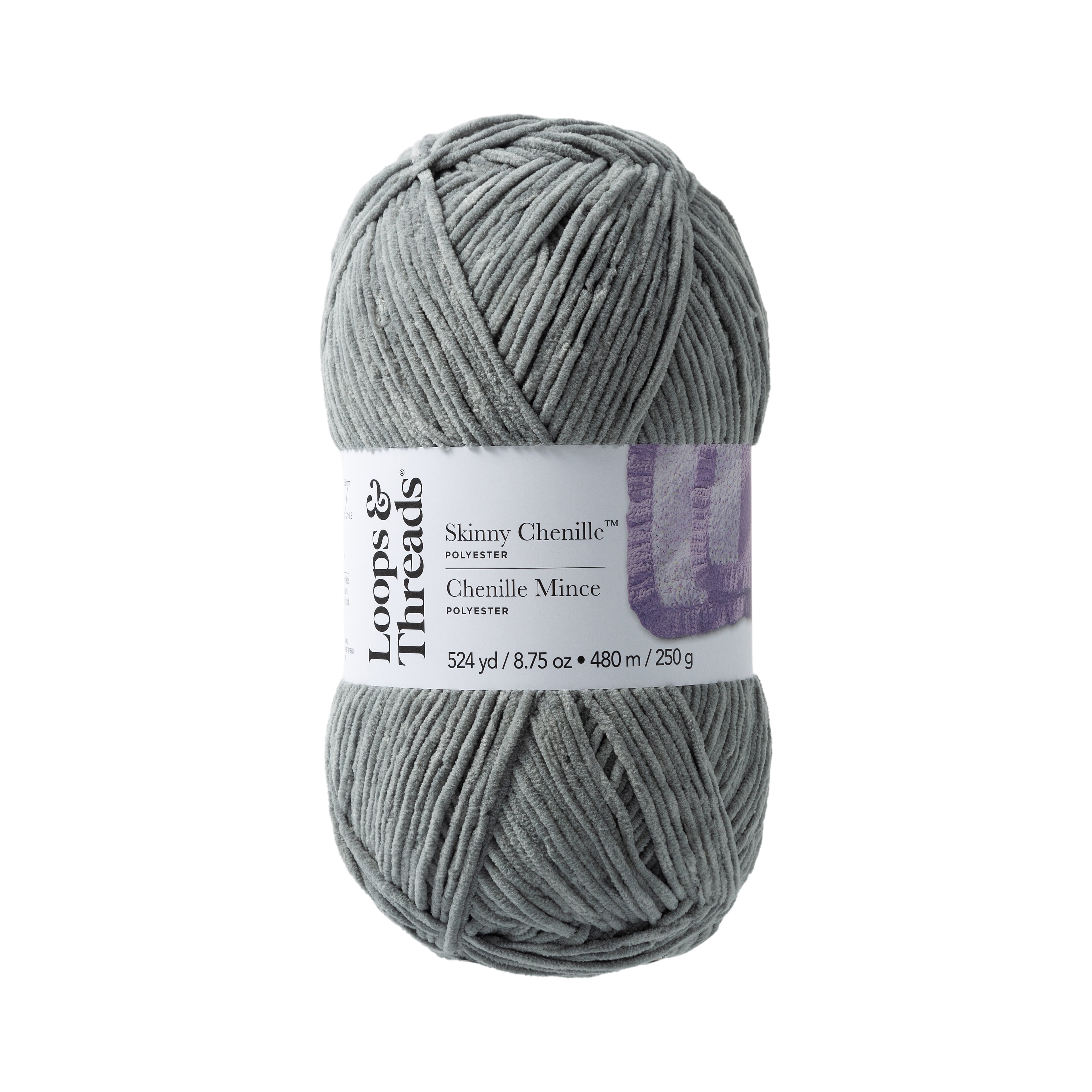 Skinny Chenille Yarn by Loops & Threads - Yarn for Knitting - Crochet - Weaving - and Arts & Crafts - Gray - Polyester - 8.75 oz