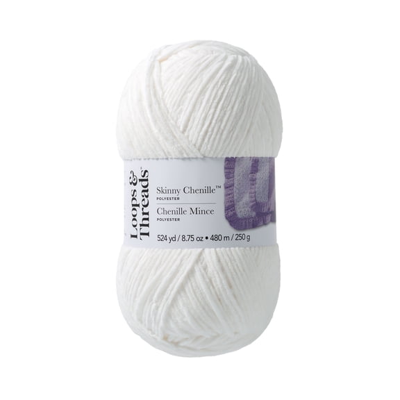Skinny Chenille Yarn by Loops & Threads - Yarn for Knitting - Crochet - Weaving - and Arts & Crafts - White - Polyester - 8.75 oz