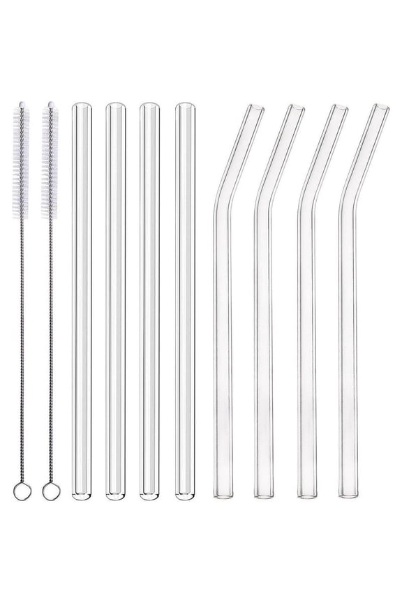 Skinny Clear Glass Straws, 10.5" x 7 mm Long Drinking Straws for 30 oz RTIC/YETI Tumblers, Mason Jars, Pack of 8 with 2 Cleaning Brush