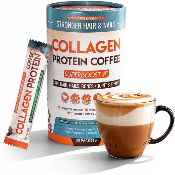 Skinny Coffee SuperBoost Collagen Protein Instant Coffee, Light Roast, 30 Packets