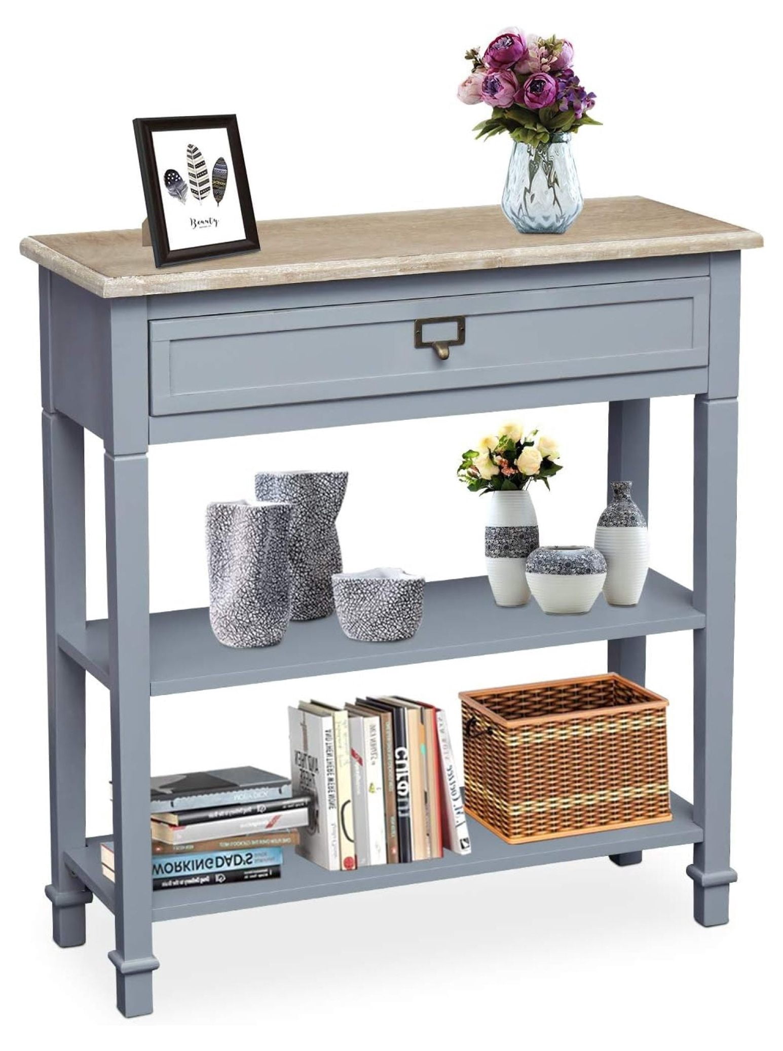 Skinny Console Table with Large Storage Drawer and Shelves, French Country Narrow Entryway Table ...