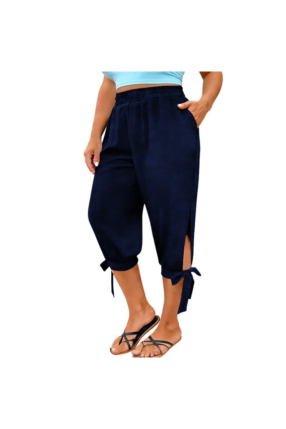 Skinny Cropped Pants for Women Plus Size Capri Pants Faux Cotton Linen Split Hem Loose Pants High Waisted Casual Summer Fashion Capri Trousers, L-5XL