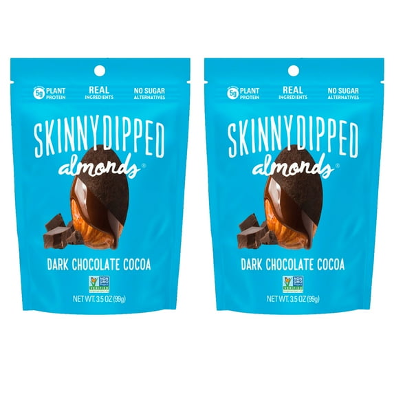 Skinny Dipped Dark Chocolate Cocoa Covered Almonds, Healthy Snack, Plant Protein, Gluten Free, 3.5 oz Resalable Bags, Pack of 2
