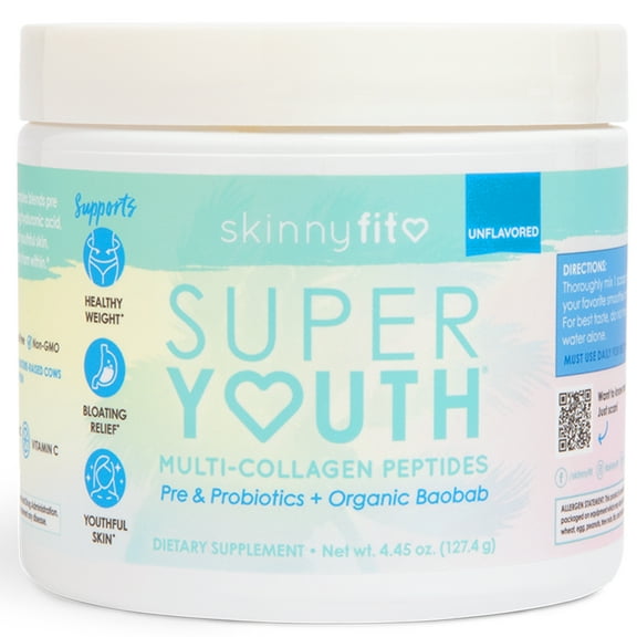 SkinnyFit Super Youth Collagen, Multi Collagen Peptides Powder, Probiotics, Fiber, Hyaluronic Acid, Anti-Aging, Gut Health Support, NON GMO, Gluten Free, Sugar Free, Unflavored, 14 Servings