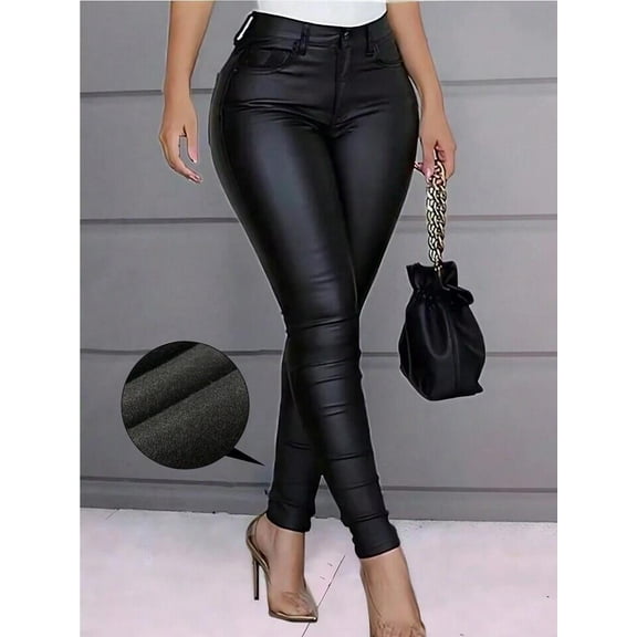Skinny Jeans High Waist Pants PU Leather (S, Black)