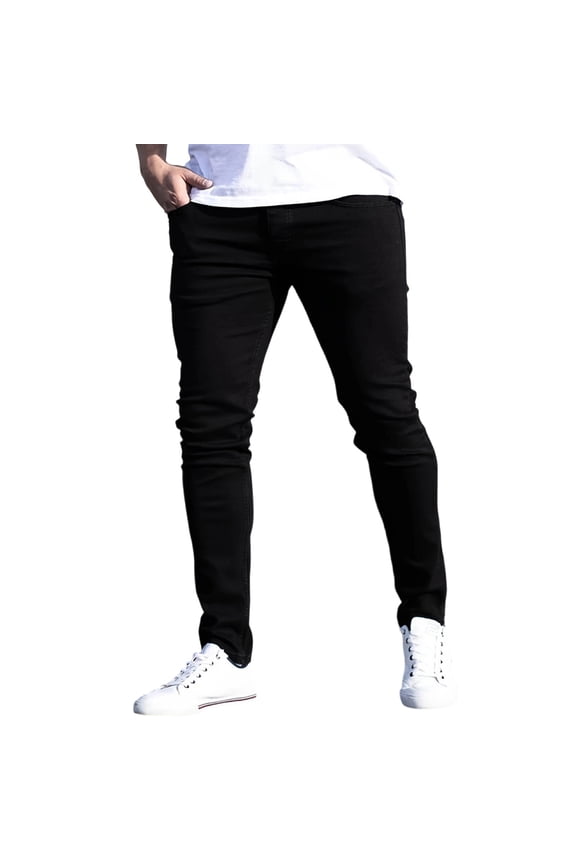 Skinny Jeans Men Stretch Tapered Leg Slim Fit Denim Pants with Zipper and Button Size S-2XL Black