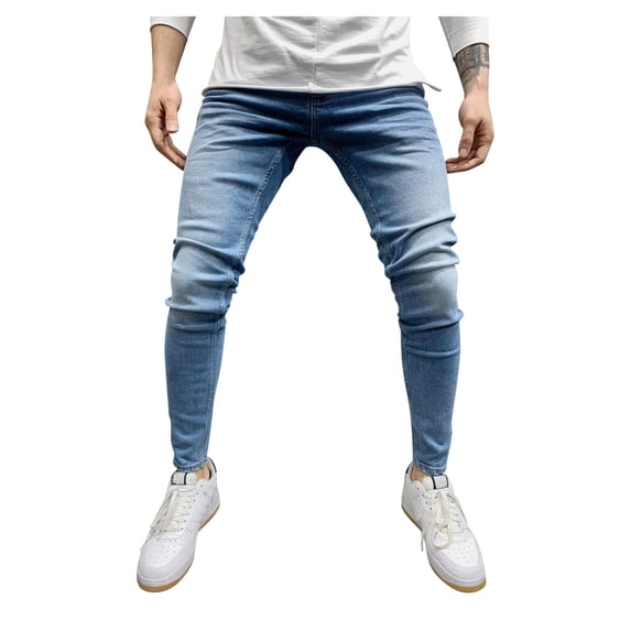 Skinny Jeans Men Stretch Tapered Leg Slim Fit Elastic Waist Denim Pants Blue