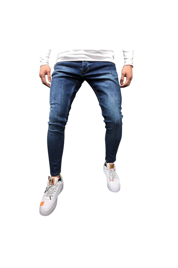 Skinny Jeans Men Stretch Tapered Leg Slim Fit Elastic Waist Denim Pants Navy