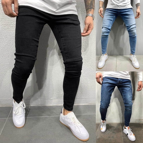 Skinny Jeans Men Stretch Tapered Leg Slim Fit Elastic Waist Denim Pants Navy