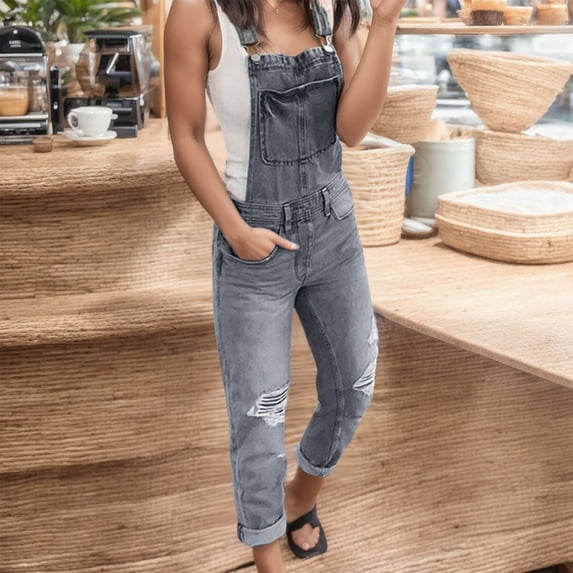 Skinny Jeans for Women Casual Denim Rompers Denim Overalls Ripped Washed Jumpsuits Jeans Denim Pants Fall 2025 with Pocket