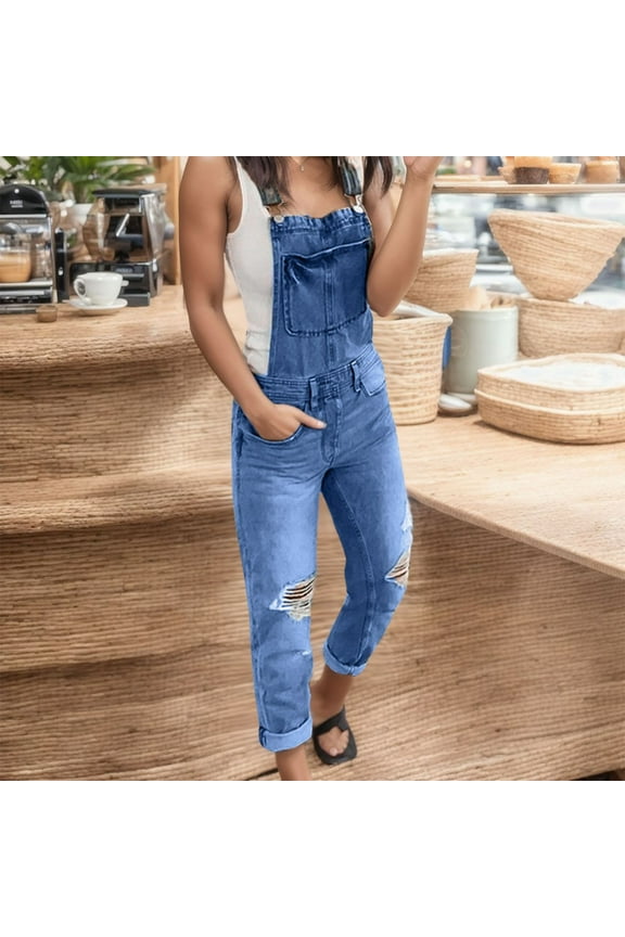Skinny Jeans for Women Casual Denim Rompers Denim Jeans Overalls Ripped Washed Jumpsuits Pants Travel with Pockets Dark Blue L