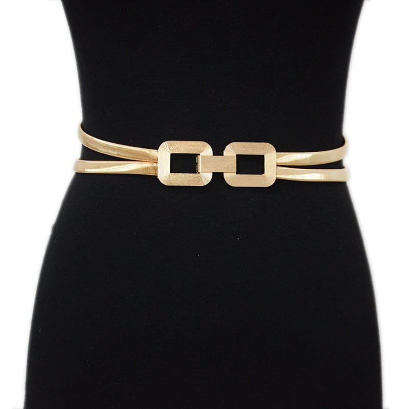 Skinny Metal Cinch Belt for Dress Fashion Retro Stretch Thin Waist Belt  with Metal Buckle Gold Waistband Elastic Chain Belts for Women Girls