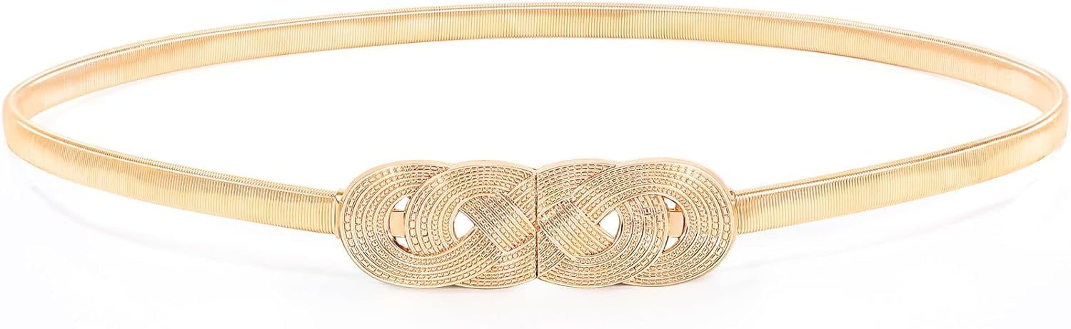 Women Skinny Metal Chain Waist Belt Stretchy Cinch Dress Accessory Gold Silver Women Beige Skinny Elastic Fashion Accessory Belt Gold Chain  main image 3