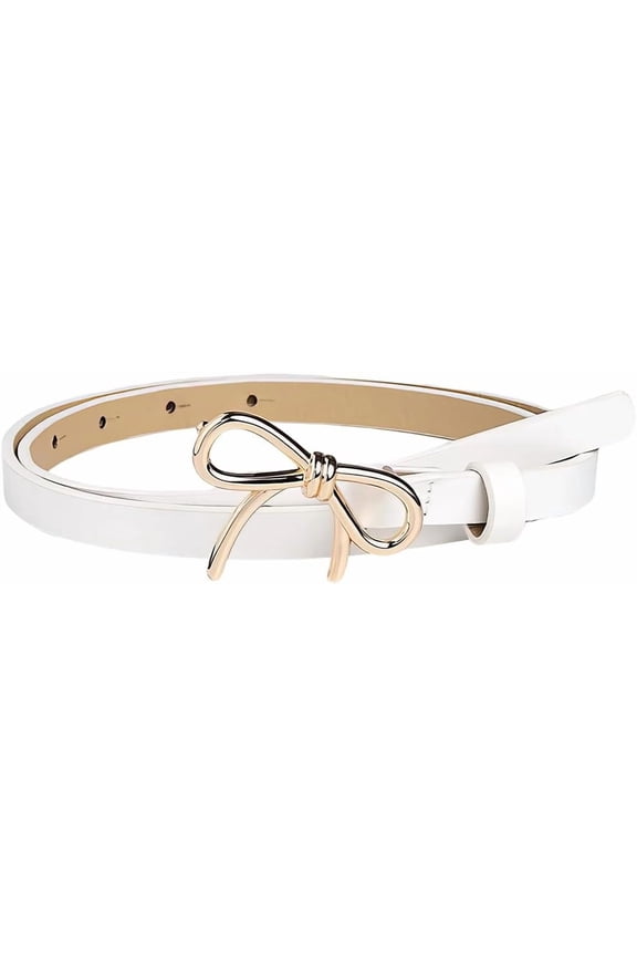 Skinny PU Leather Waist Belt for Women Adjustable 0.5 Inch Width White Belts with Gold Alloy Bowknot Buckle Thin Elegantes Slim Leather Waist Strap Band for Ladies Dresses Jeans Pants for DIY
