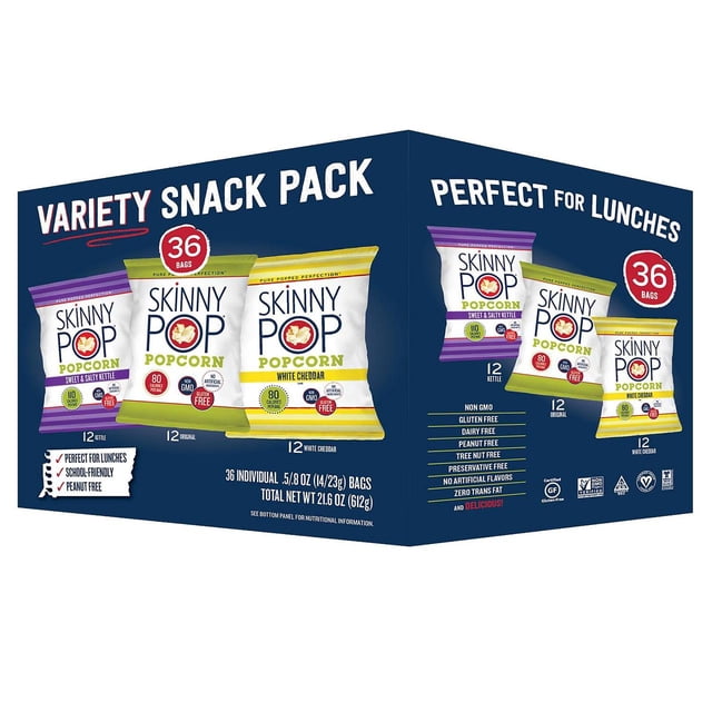 Skinny Pop Popcorn Snack Pack, 36 Ct Variety Pack Original, Sweet