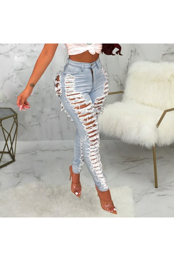 Skinny Ripped Jeans For Women High Waist Stretch Slim Fit Butt Lifting Cropped Jean Pant Distressed Destroyed Denim Tapered Leg Pants Light blue L