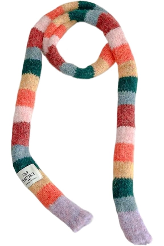 Skinny Scarf for Women | Stripe Multicolor Scarf | Retros Styles Colorful Knitted Scarves | Winter Rainbow Striped ThinA