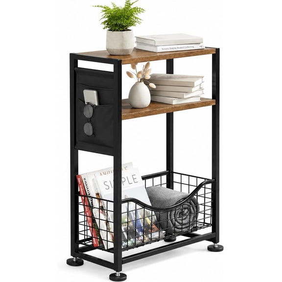 Skinny Side Table with Storage, 3 Tier Slim Side Tables for Small Spaces, Skinny End Table Narrow Bedside Table Narrow Side Table for Living Room, Bedroom