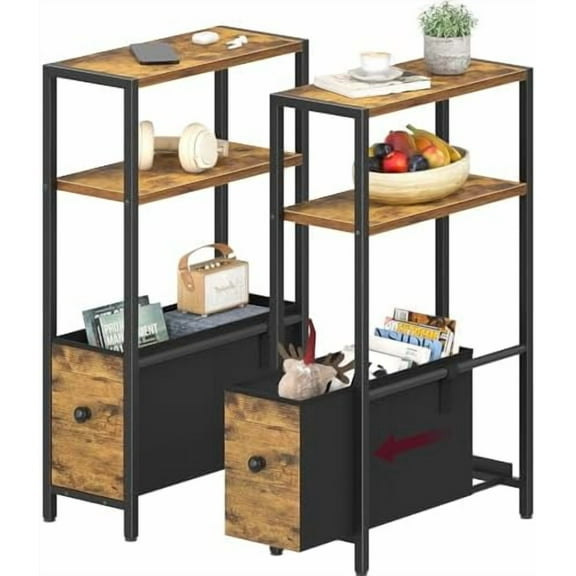 Skinny Side Table with Storage - Narrow End Table for Small Space Bedroom Living Room Slim Bedside Tables Thin Nightstands Set of 2, Farmhouse Brown (06BN2)