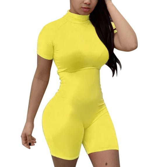 Skinny Slim Fit Sexy Solid Color Turtleneck Short Sleeve Rompers,Nightclub Wear Fashion Sports Fitness Summer Shorts Bodycon for Women