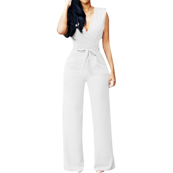 Skinny Slim Fit Solid Color Deep V-Neck Short Sleeve Jumpsuits,Jumpsuit With And Waist Strap for Women