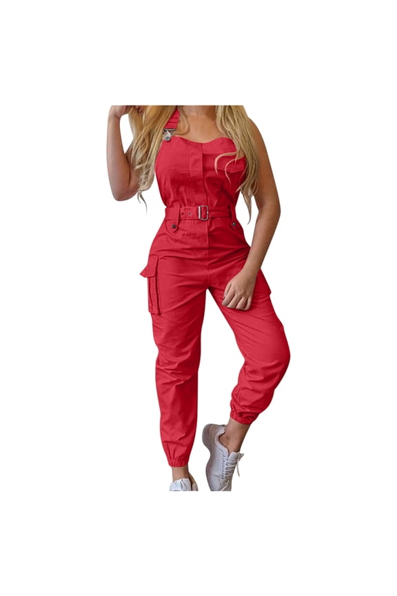 Skinny Slim Fit Solid Color Overalls,Women's Fashion Adjustable Back Strap Pants Pocket Design Jumpsuit