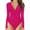 thumbnail image 1 of Skinny Solid Color Deep V-Neck Long Sleeve Bodysuit,Women's Knitted Underwear Leggings Slim Jumpsuit Bodysuit Top, 1 of 4