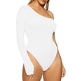 thumbnail image 1 of Skinny Solid Color One Shoulder Long Sleeve Milk Silk Bodysuit,Solid Asymmetric Bodysuit for Women, 1 of 5