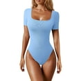 thumbnail image 1 of Skinny Solid Color Square Neckline Short Sleeve Bodysuit,Women's Ribbed Bodysuits Yoga Clothes, 1 of 5