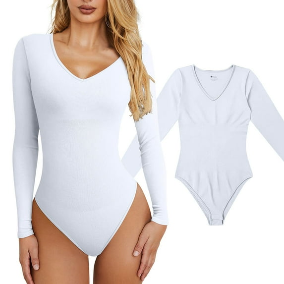 Skinny Solid Color V-Neck Long Sleeve Bodysuit,Women's Knitted Underwear Leggings Slim Jumpsuit Bodysuit Top