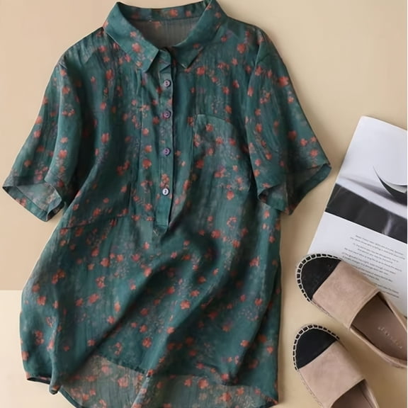 Skinny Stand-Up Collar Cotton and Linen Small Floral Shirt Short-Sleeved
