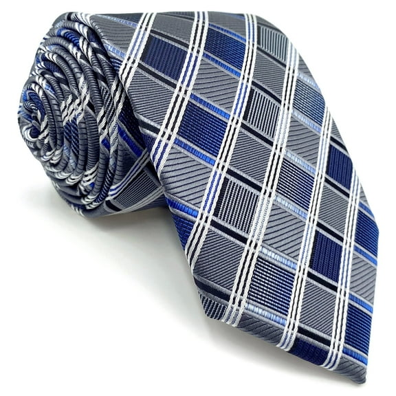 Skinny Ties for Men Blue Checkered Checks Silk Neckties Suit
