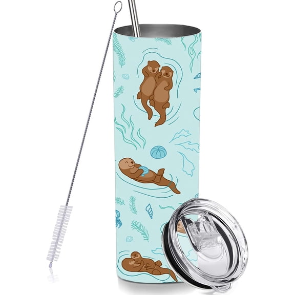 Skinny Tumbler Gift for Men Women, Cute Sea Otter Tumbler Cup with Straw Lid 20 OZ, Stainless Steel Insulated Vacuum Slim Travel Coffee Mug