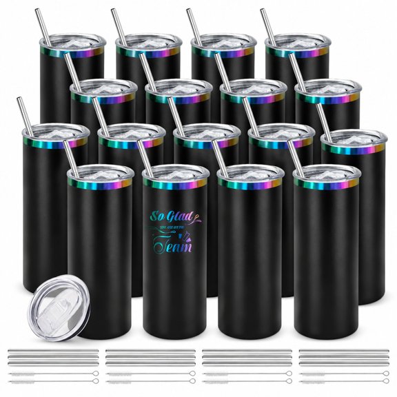 Skinny Tumbler Set, 20oz Rainbow Plated Stainless Steel, 16 Pack, Black to Iridescent, Double Wall Vacuum Insulated for Laser Engraving