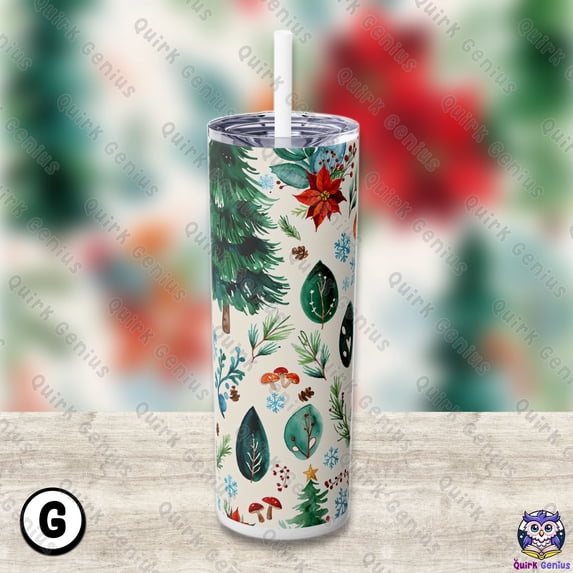 Skinny Tumbler with Straw – Festive Christmas Floral & Evergreen Design, 20oz Stainless Steel, Insulated Holiday Gifts (G)