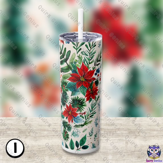 Skinny Tumbler with Straw – Festive Christmas Floral & Evergreen Design, 20oz Stainless Steel, Insulated Holiday Gifts (i)