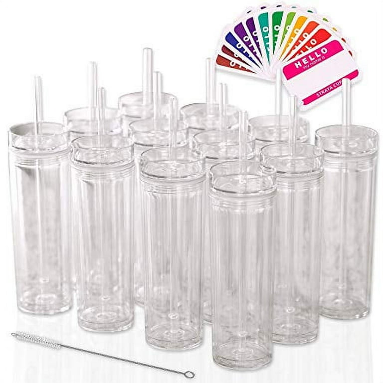 Strata Cups Skinny Tumblers 12 Clear Acrylic Tumblers with Lids and Straws | Skinny, 16oz Double Wall Clear Plastic Tumblers with Free Straw