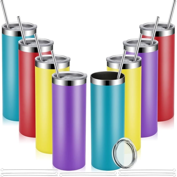 Skinny Tumblers  20 oz Stainless  with  and Straws Blank Slim Insulated Cup Double Layer Water Cups for Travel, DIY(, Yellow, Purple, Red,8 Pcs)