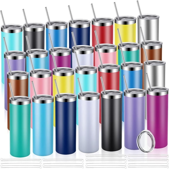 Skinny Tumblers Bulk 20 oz Stainless Steel with Lids and Straws Blank Slim Insulated Cup Double Layer Water Cups for Travel, DIY(Bright Color,28 Pcs)