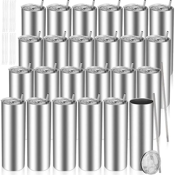 Skinny Tumblers Bulk 20 oz Stainless Steel with Lids and Straws Blank Slim Insulated Cup Double Layer Water Cups for Travel, DIY(Silver,24 Pcs)