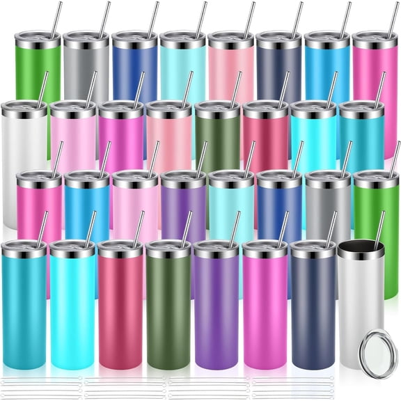 Skinny Tumblers Bulk 20 oz Stainless Steel with Lids and Straws Blank Slim Insulated Cup Double Layer Water Cups for Travel, DIY(Vivid Color,32 Pcs)