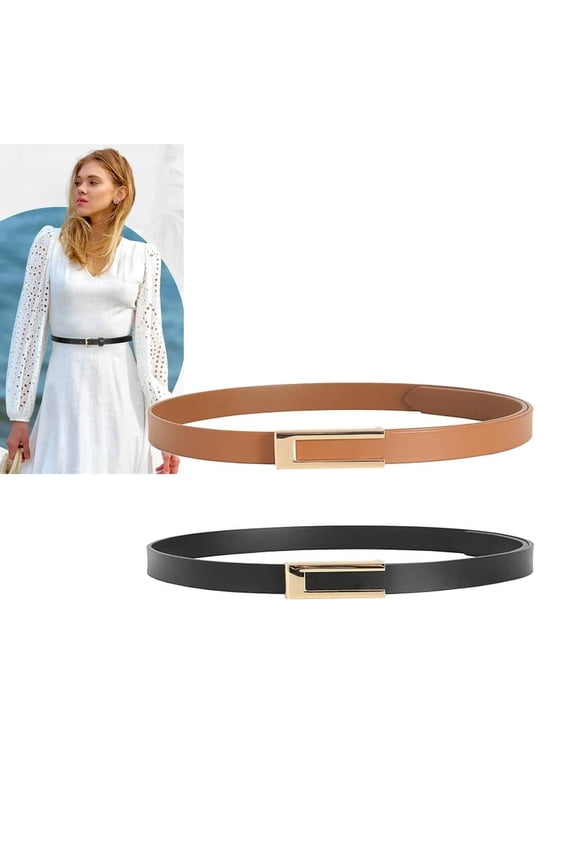 Skinny Women Leather Belts for Dresses Skinny Waist Belt for Jeans with Gold Buckle 29"-35"